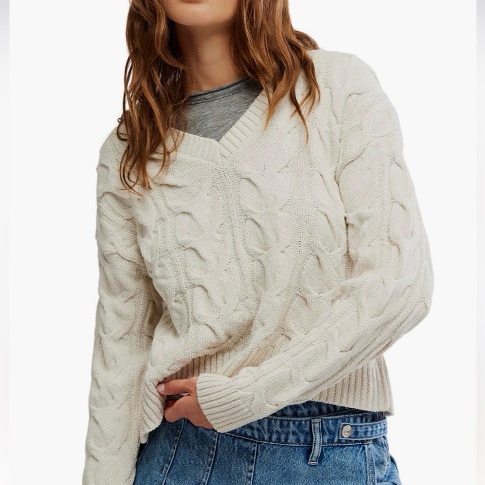 Free People Washed Cable Knit V-Neck Sweater in Pale Blue